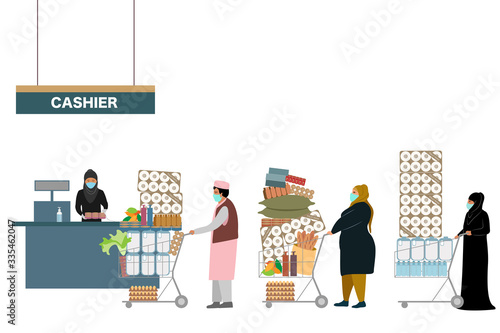 Customer waiting to check out their groceries Hoarding of food and supplies during the coronavirus pandemic vector concpet