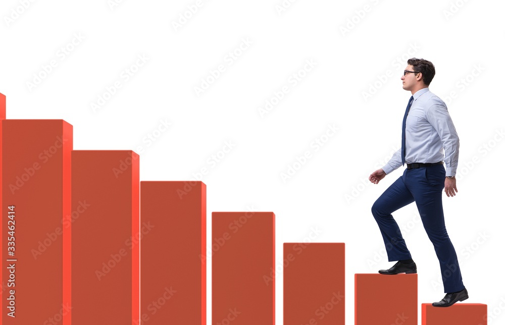 Businessman going up the bar chart in growth concept Businessman going up the bar chart in growth concept