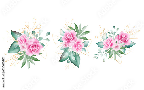 Set of watercolor floral bouquets. Botanic decoration illustration of roses and gold leaves. Botanic elements for wedding or greeting card design vector