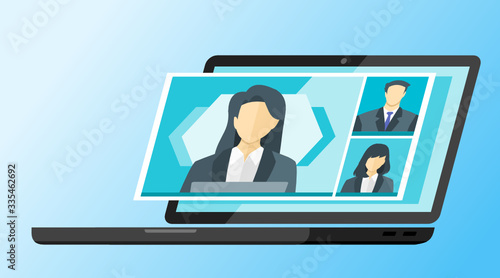 3 Panels Online Virtual Remote Meetings,  Video Web Conference Teleconference Female Main. Company CEO President Executive Manager Boss Employee Team Work Learn From Home WFH Live Stream Webinars