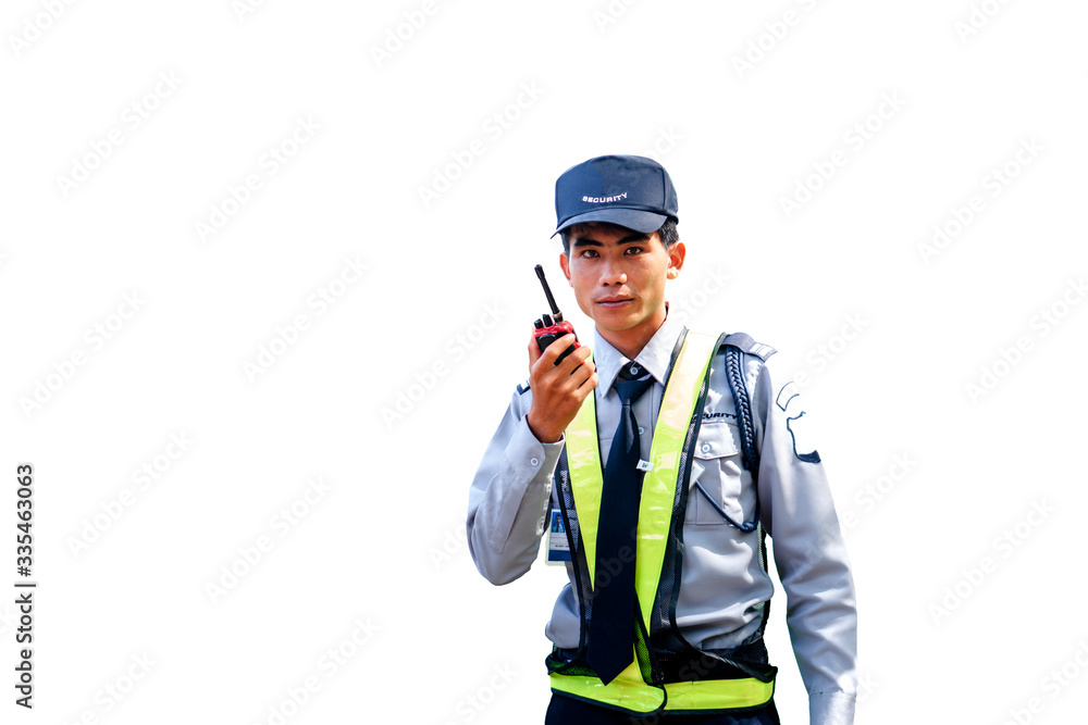 Asian security guard isolated on white background. Male security guard with portable radio transmitter. A security guard with portable radio transmitter. Asian security guard isolated on white background. Male security guard with portable radio transmitter. A security guard with portable radio transmitter.