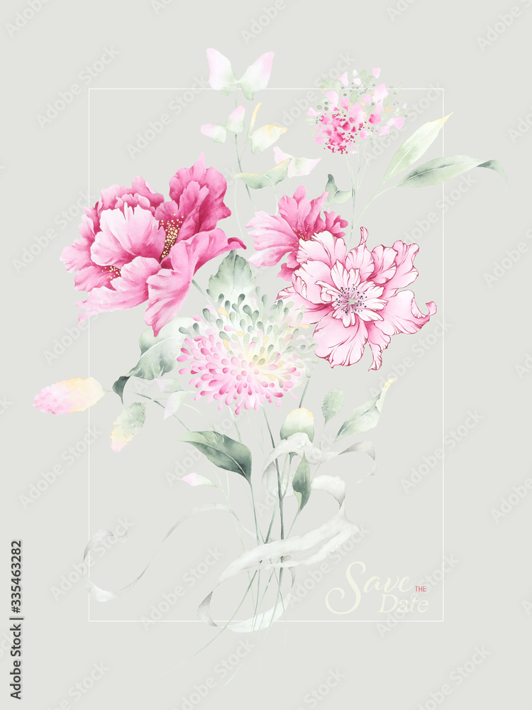 Oriental style painting, Ink Painting of Chinese Peony，can be used for  floral poster, invite. Decorative greeting card or invitation design background