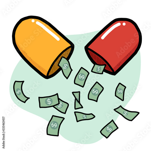 Drug capsule and money / cartoon vector and illustration, hand drawn style, isolated on white background.