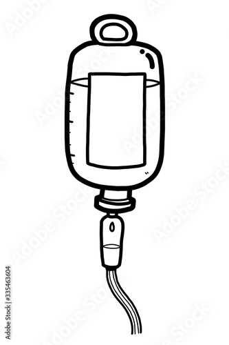 Saline injection / cartoon vector and illustration, black and white, hand drawn, sketch style, isolated on white background.