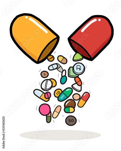 Drug pills inside big capsule / cartoon vector and illustration, hand drawn style, isolated on white background.