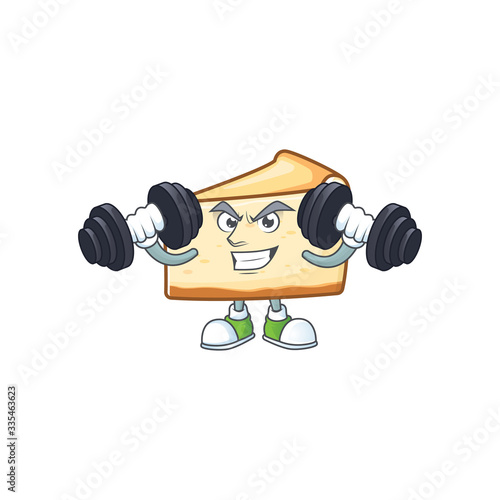 Fitness exercise cheese cake cartoon character using barbells