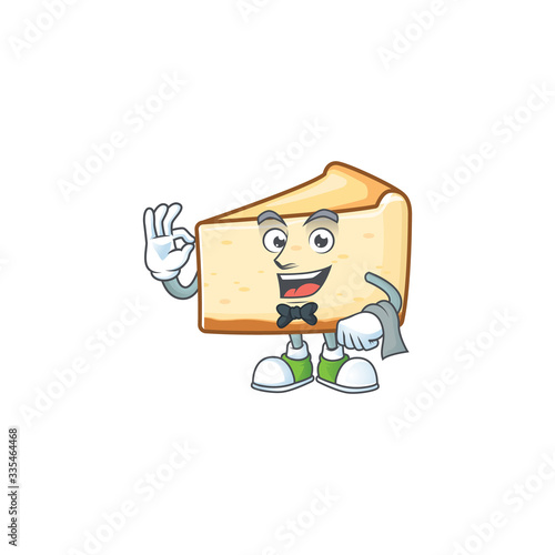 A cheese cake waiter cartoon character ready to serve