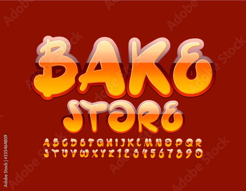 Vector bright banner Bake Store. Orange and Red Artistic Font. Shiny Alphabet Letters and Numbers