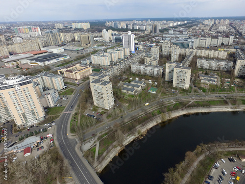 Panoramic view of Kiev at spring (drone image). Ukraine