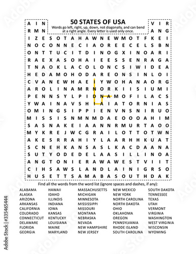 50 States of USA zigzag word search puzzle (suitable both for kids and adults). Answer is on separate file.

 photo