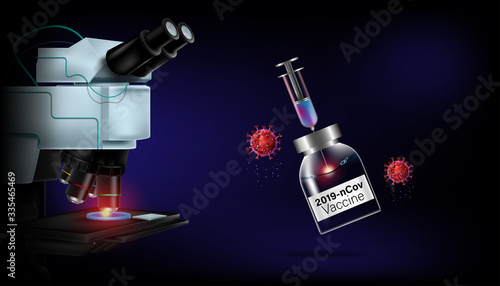Pandemic flu novel coronavirus or covid-19 disease and antiviral drug concept. Microscope and vaccine on laboratory equipment research. Vector illustration design.