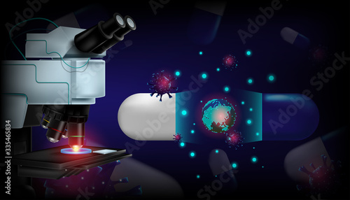 Pandemic flu novel coronavirus or covid-19 disease and antiviral drug concept. Microscope and laboratory equipment research. Vector illustration design.