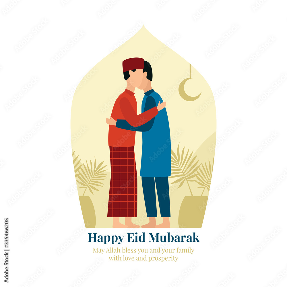 Two man hugging for forgive each other during eid fitr islam holiday after breaking the fast vector flat illustration with mosque door background and plant ornament Two man hugging for forgive each other during eid fitr islam holiday after breaking the fast vector flat illustration with mosque door background and plant ornament