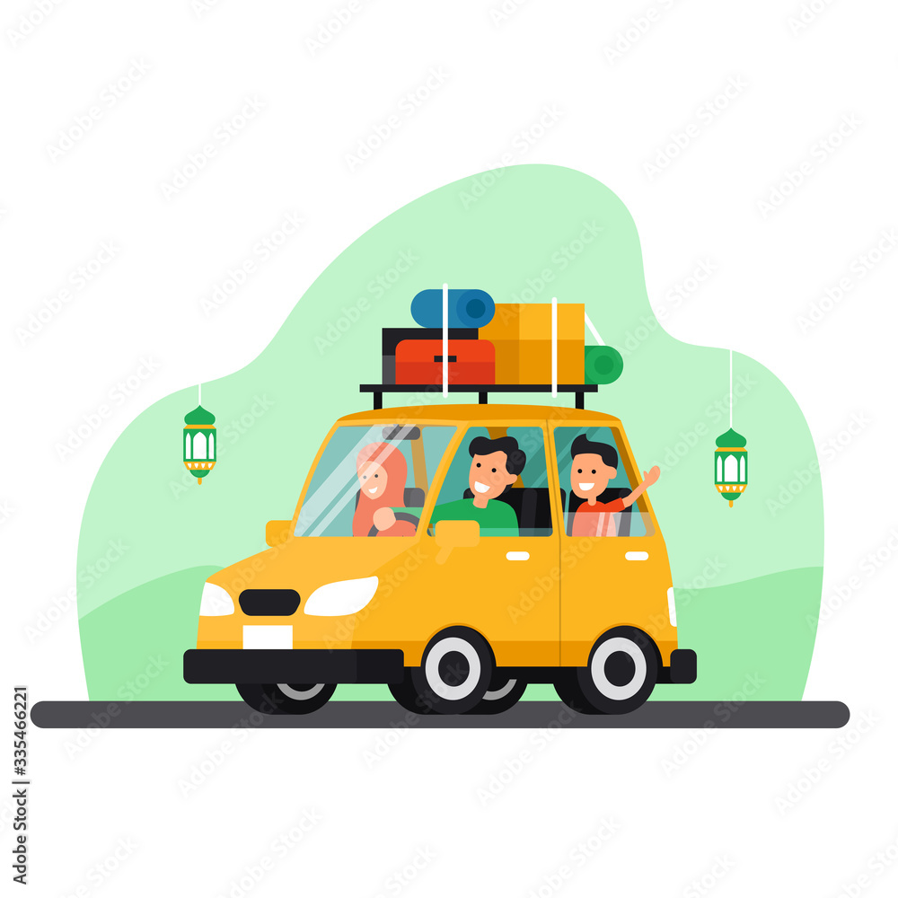 Muslim family travel back to hometown parents village with car to celebrate eid fitr holiday vector illustration. Indonesian mudik tradition for idul fitri