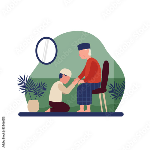 Son sungkem to apologize to father and grandfather during eid fitr holiday after breaking the fast vector flat illustration. Indonesian islam tradition during idul fitri event photo