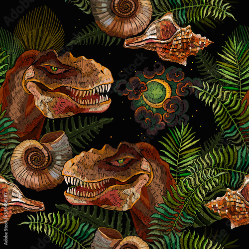 Tyrannosaurus rex head, ammonite fossil, moon and palm leaves. Seamless pattern. Archeology and paleontology background. Template for clothes, print. Prehistoric life of dinosaurs