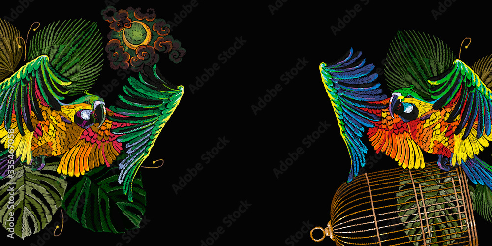 Colorful flying ara parrots, moon and golden cage. Banner. Greeting, invitation card. Brazilian birds. Jungle paradise background, Embroidery, tropical art. Fashionable template