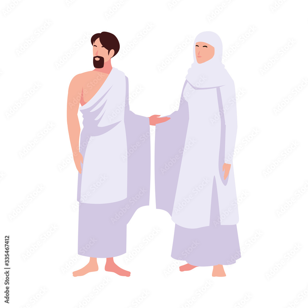 couple of people pilgrims hajj standing on white background couple of people pilgrims hajj standing on white background