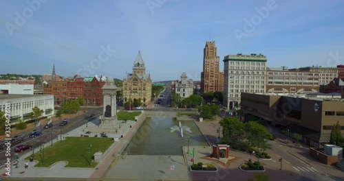 Syracuse, New York - 4K Aerial - approach over Clinton Square in downtown. photo