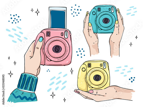 Set of illustrations of female hands holding a fast print camera.
