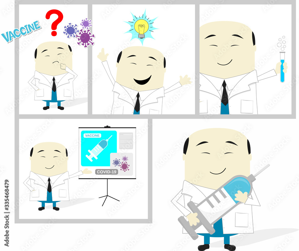 cartoon storyboard of asian scientist developing coronavirus vaccine. Isolated on white background cartoon storyboard of asian scientist developing coronavirus vaccine. Isolated on white background