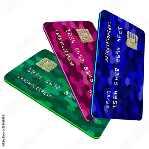 Realistic drawing of a credit card. Electronic money. Three credit cards with a chip. Vector