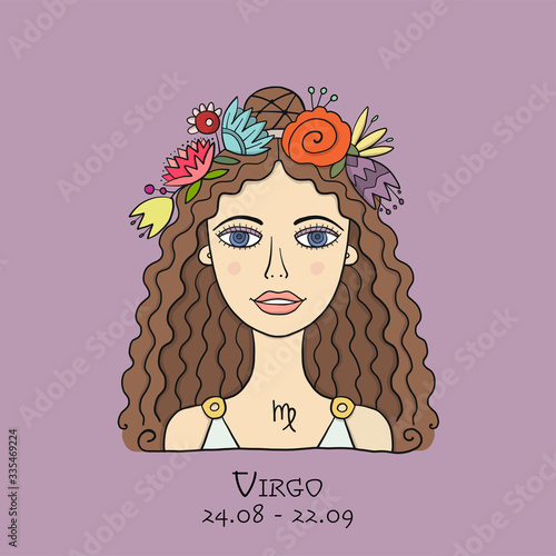 Illustration of Virgo zodiac sign. Element of Earth. Beautiful Girl Portrait. One of 12 Women in Collection For Your Design of Astrology Calendar, Horoscope, Print.