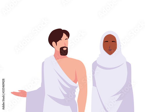 couple of people pilgrims hajj on white background