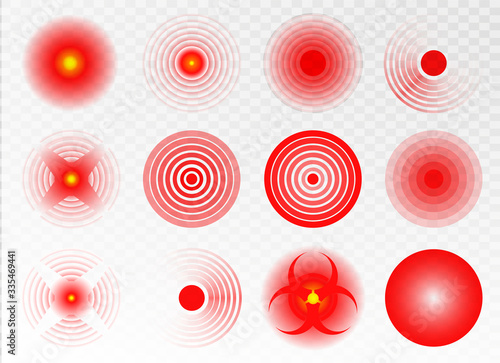 Red rings of pain to indicate localization of pain in different parts of the human body such as the back, neck, head, back and others. Pain red circle or localization mark. Vector icon set.