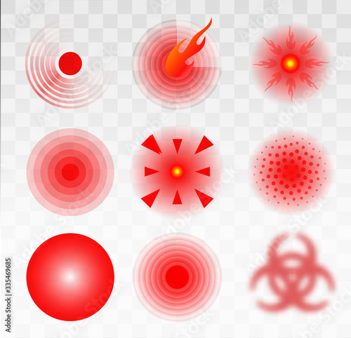 Pain red circle or localization mark, aching place sign, abstract symbol of pain, sore spot or hurt body part marker, design element for painkiller advertisement and medical information posters