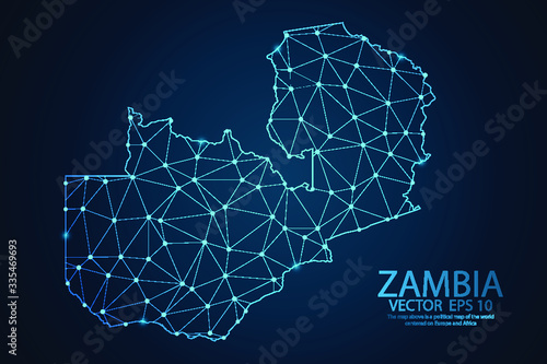Abstract mash line and point scales on dark background with map of Zambia. Wire frame 3D mesh polygonal network line, design sphere, dot and structure. Vector illustration eps 10.