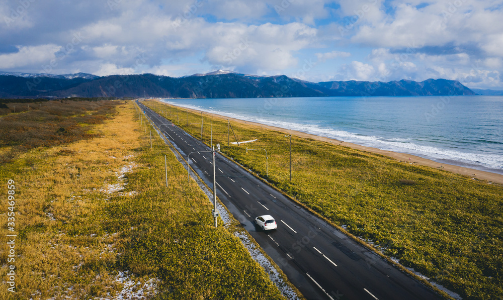 Obraz premium aerial view of landscape along the coastline of Hokkaido in winter time