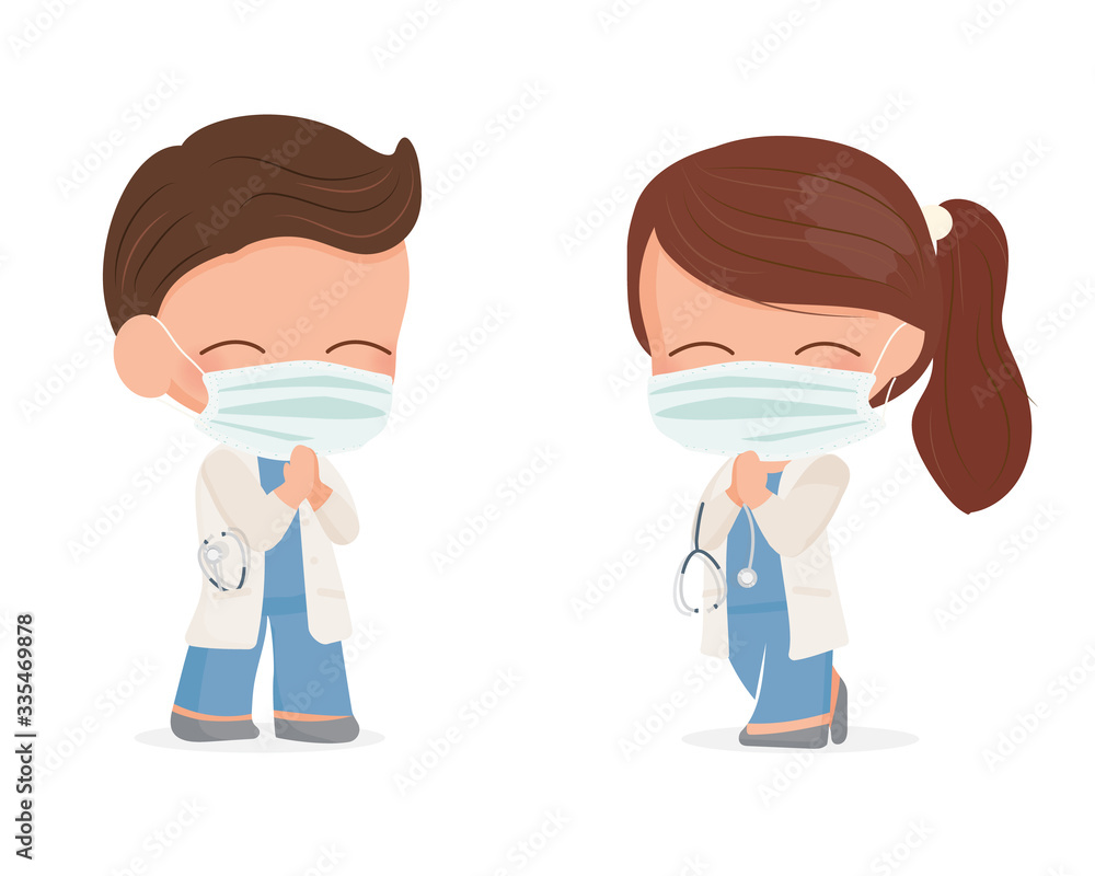 cute young doctors couple with face mask do Thai wai for social distancing on corona virus safety eps10 vectors illustration cute young doctors couple with face mask do Thai wai for social distancing on corona virus safety eps10 vectors illustration
