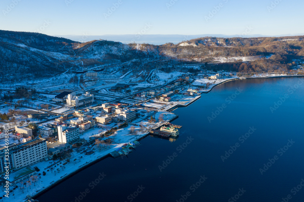 Aerial view of Lake Toya of winter season in Hokkaido, Japan