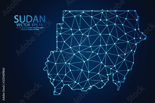 Abstract mash line and point scales on dark background with map of Sudan. Wire frame 3D mesh polygonal network line, design sphere, dot and structure. Vector illustration eps 10.