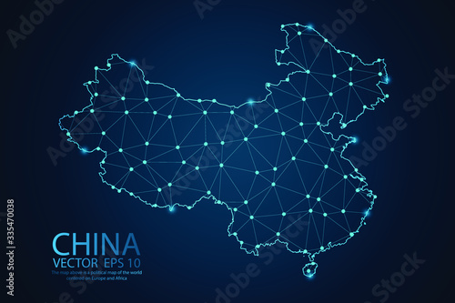 Abstract mash line and point scales on dark background with map of China. Wire frame 3D mesh polygonal network line, design sphere, dot and structure. Vector illustration eps 10.