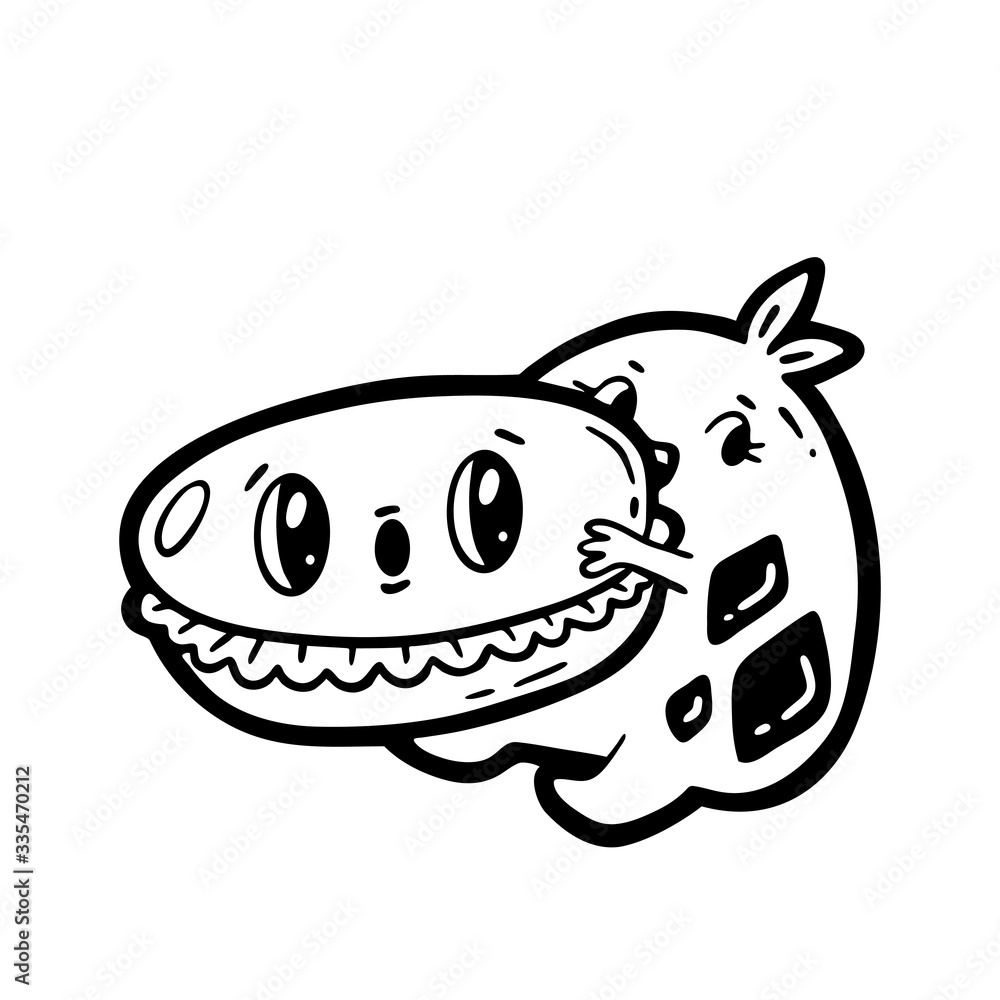 Kawaii cartoon style doodle character eating burger. Emoticon face icon. Hand drawn black ink illustration isolated on white background. Vector Kawaii cartoon style doodle character eating burger. Emoticon face icon. Hand drawn black ink illustration isolated on white background. Vector