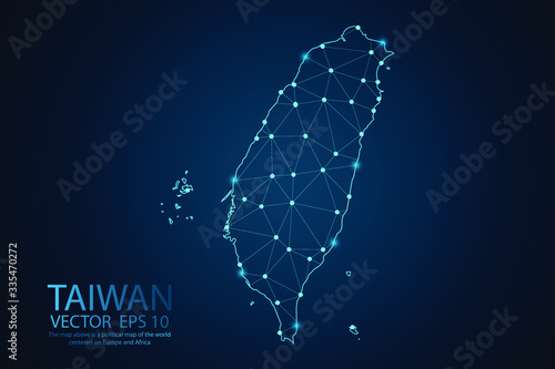 Abstract mash line and point scales on dark background with map of Taiwan. Wire frame 3D mesh polygonal network line, design sphere, dot and structure. Vector illustration eps 10. photo