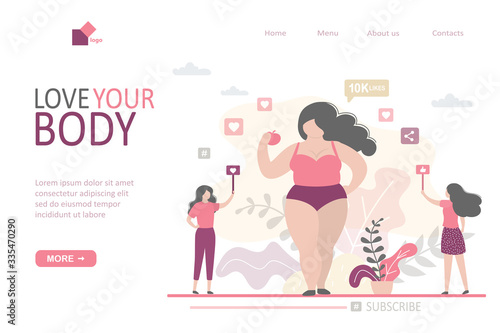Love your body landing page template. Female blogger who leads healthy lifestyle. Cute lady and followers.