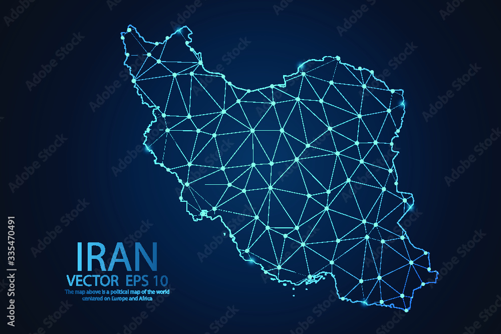 Obraz premium Abstract mash line and point scales on dark background with map of Iran. Wire frame 3D mesh polygonal network line, design sphere, dot and structure. Vector illustration eps 10.