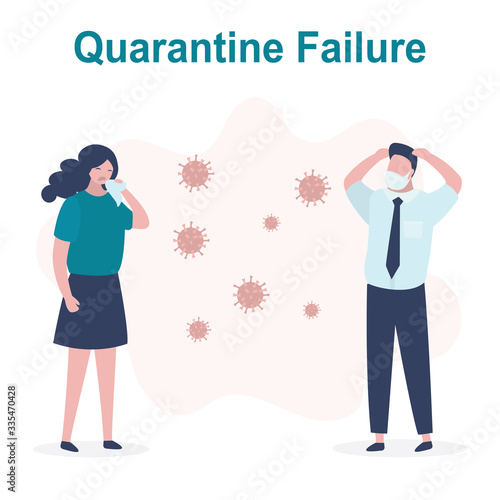 Quarantine Failure concept. Sick woman sneezes and coughs. Spread of viral infection. Healthy man in shock and panic.