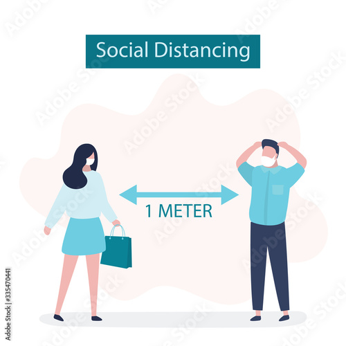 Social Distancing, two people keeping distance for infection risk and disease. 1 meter distance between humans.