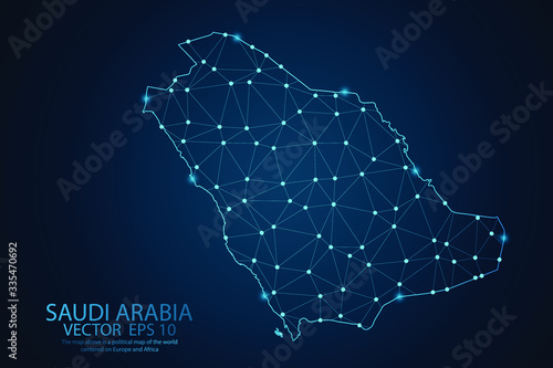 Abstract mash line and point scales on dark background with map of Saudi arabia . Wire frame 3D Mesh polygonal network line, design sphere, dot and structure. Vector illustration eps 10.