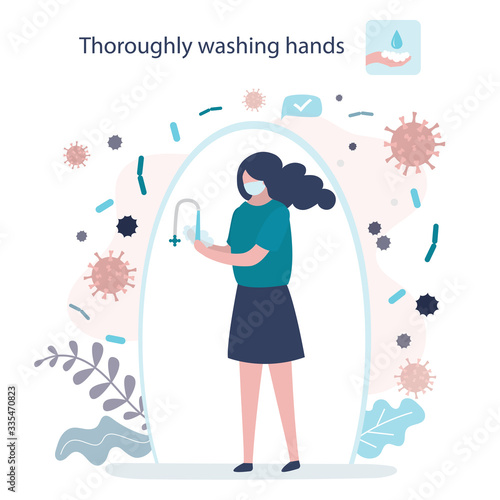 Woman washes hands thoroughly with soap. Female character is protected from coronavirus and diseases