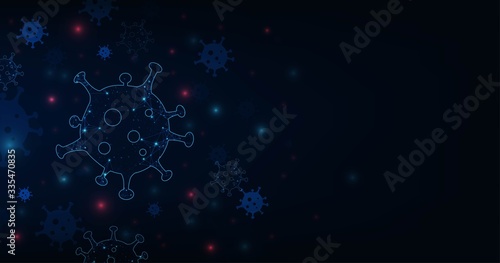 Virus cell flowing viral disease outbreak concept. Microscopic view of infectious virus. Contagion and propagation of disease. COVID-19 (coronavirus).