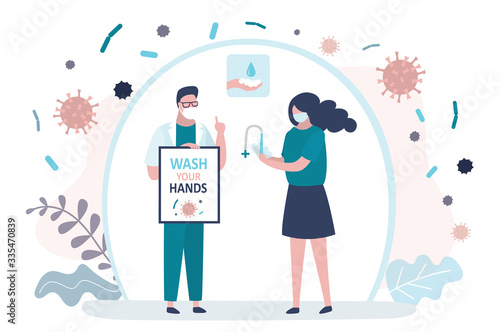 Woman washes hands thoroughly with soap. Female character is protected from coronavirus and diseases.