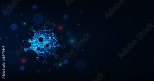Virus cell flowing viral disease outbreak concept. Microscopic view of infectious virus. Contagion and propagation of disease. COVID-19 (coronavirus).