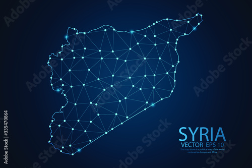 Abstract mash line and point scales on dark background with map of Syria. Wire frame 3D mesh polygonal network line, design sphere, dot and structure. Vector illustration eps 10.
