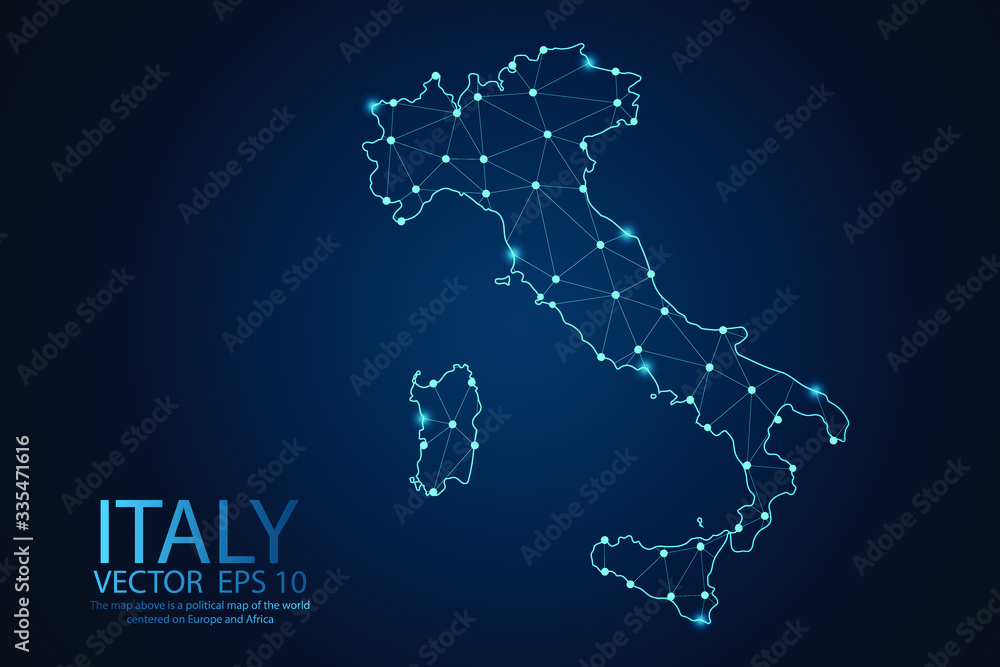 Abstract mash line and point scales on dark background with map of Italy. Wire frame 3D mesh polygonal network line, design sphere, Dot and structure. Vector illustration eps 10.