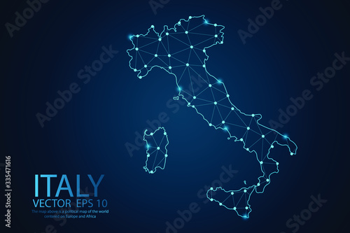 Abstract mash line and point scales on dark background with map of Italy. Wire frame 3D mesh polygonal network line, design sphere, Dot and structure. Vector illustration eps 10.